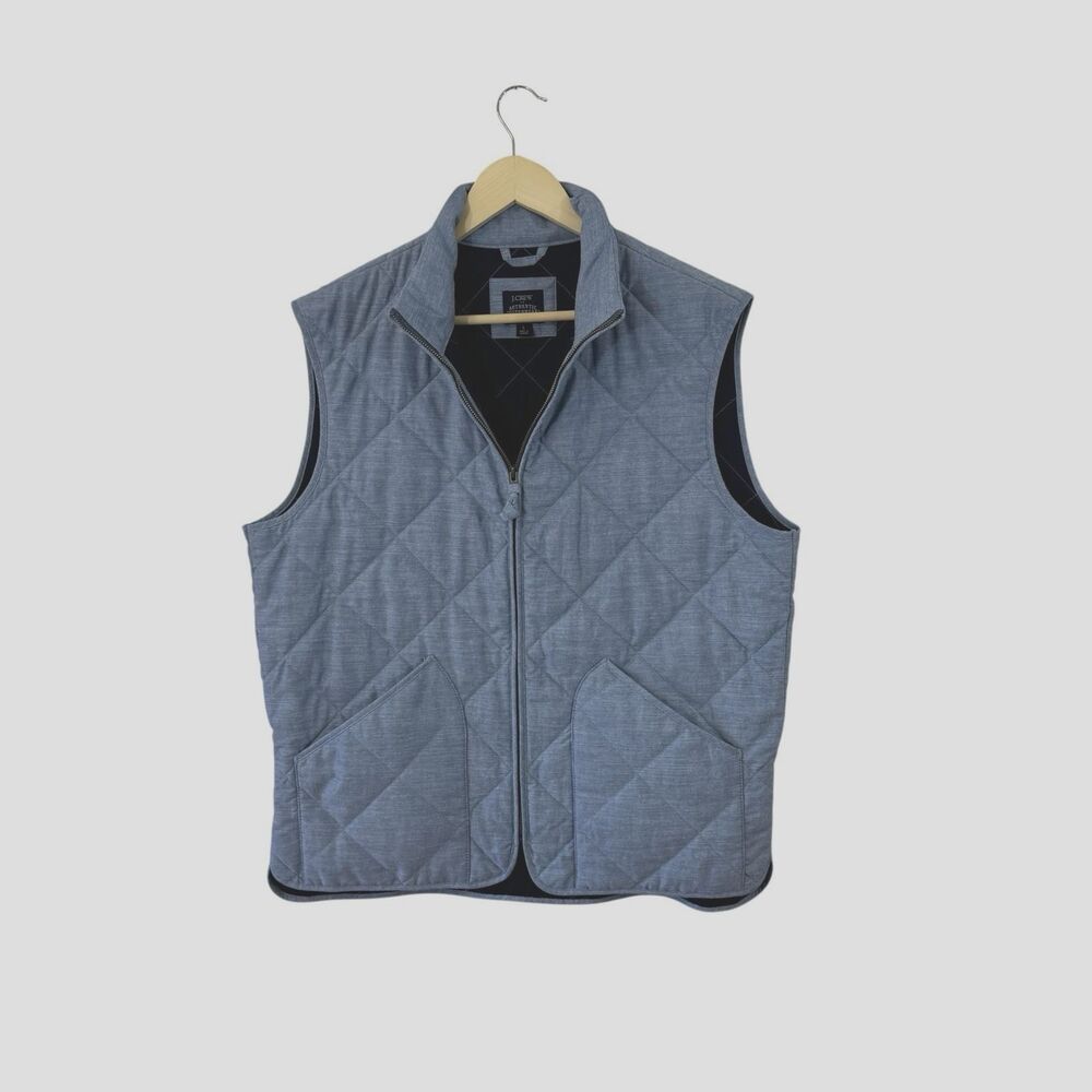 J Crew NEW Large Excursion Vest Blue Chambray Zip Quilted NWOT Womens